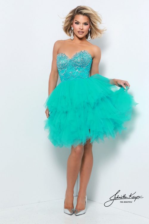Aqua strapless beaded homecoming cocktail dress with tiered tulle skirt, perfect for homecoming, pageants.
